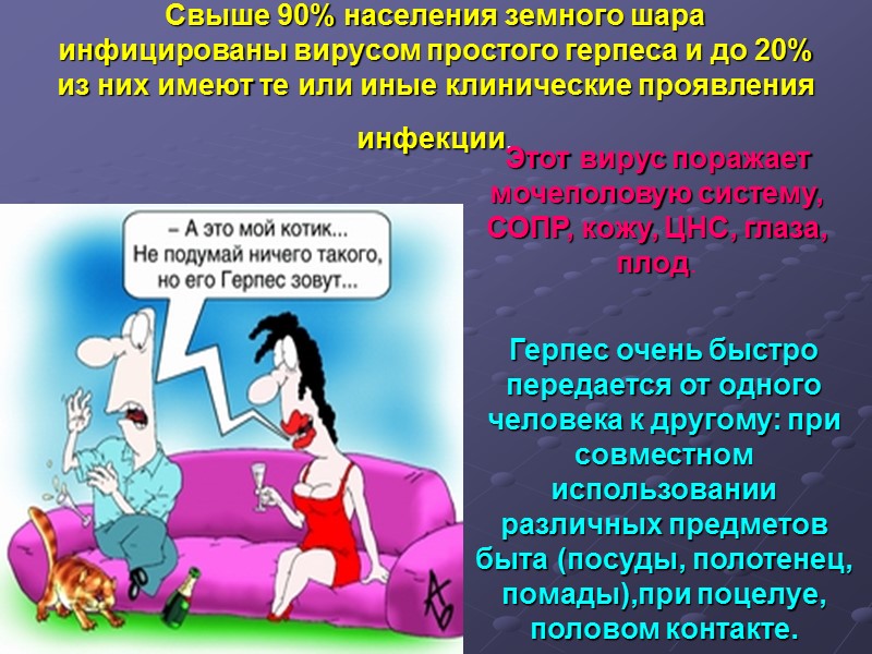 Свыше 90% населения земного шара инфицированы вирусом простого герпеса и до 20% из них